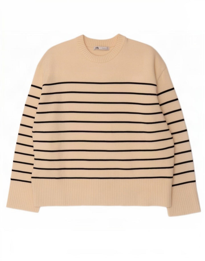 Suéter feminino Zara com gola redonda e listrado branco médio UK 14