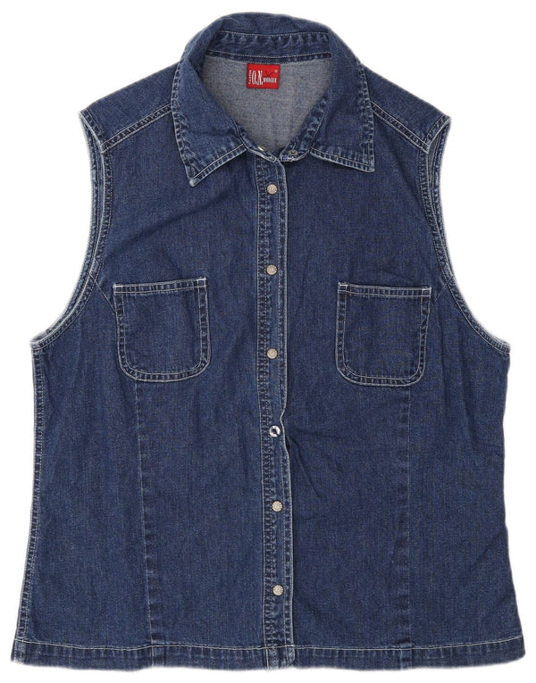 Camisa jeans feminina sem mangas vintage Reino Unido 20 2XL algodão azul