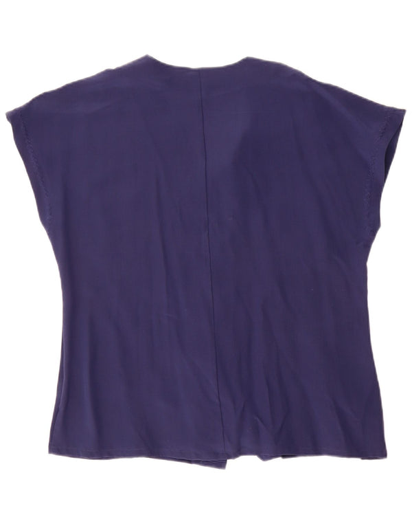 Blusa feminina vintage de manga curta solta Reino Unido 10 pequena seda azul marinho