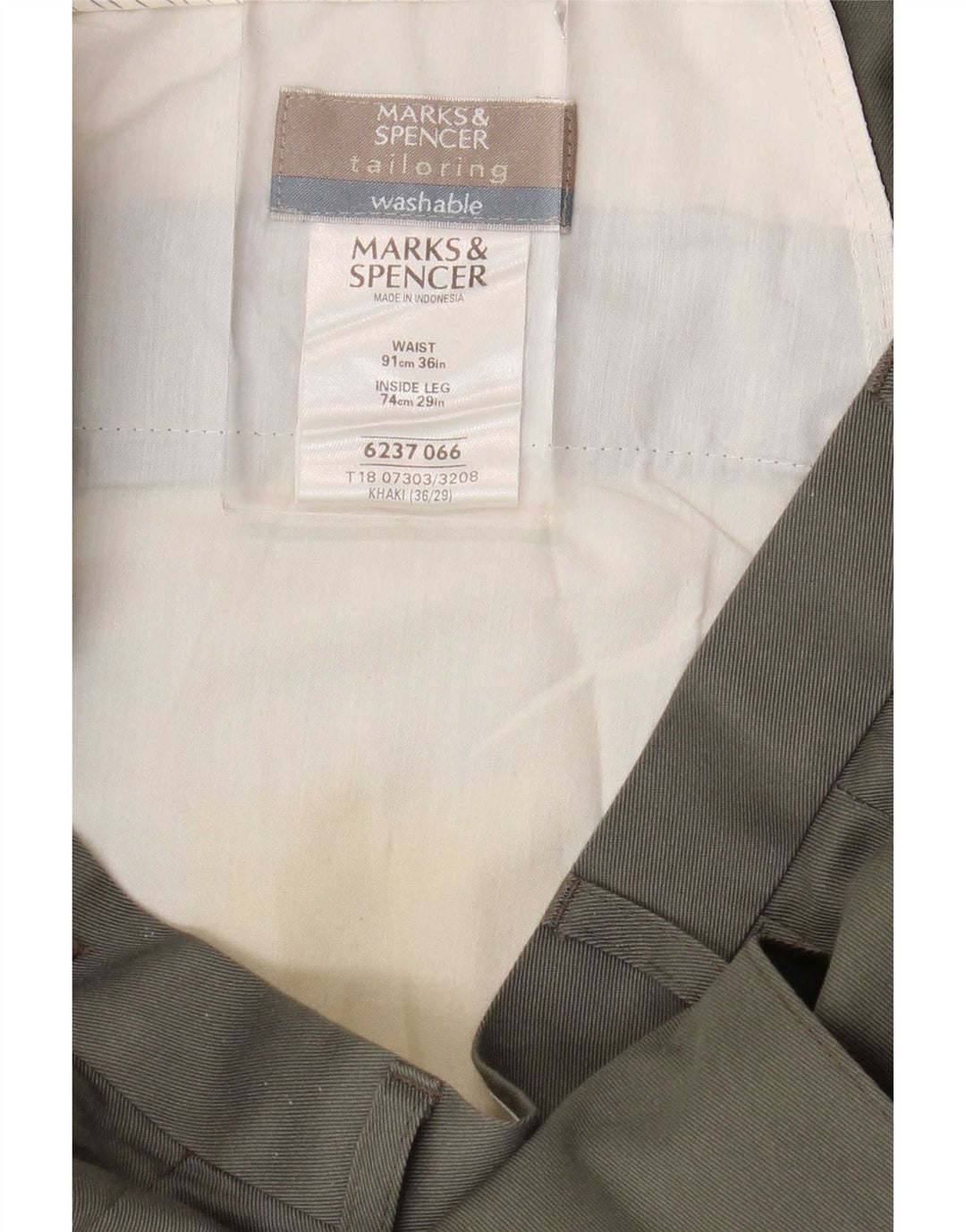 Calça masculina de terno reto Marks & Spencer W36 L29 poliéster cáqui