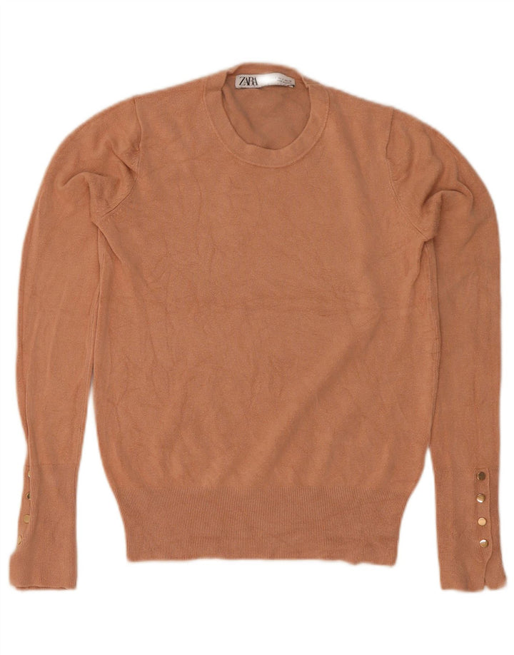 Suéter feminino Zara com gola redonda, Reino Unido 8, pequeno, marrom