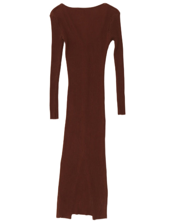 Zara Womens Long Sleeve Bodycon Dress UK 8 Small Brown Cotton