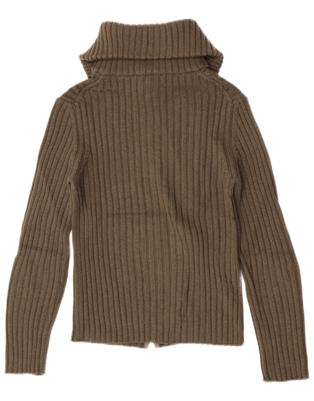 Suéter cardigã feminino Benetton com gola redonda Reino Unido 10 lã cáqui pequena