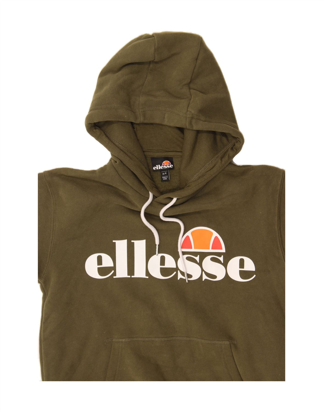 ELLESSE Womens Graphic Hoodie Jumper UK 4 XS Khaki Cotton Vintage Ellesse and Second-Hand Ellesse from Messina Hembry 