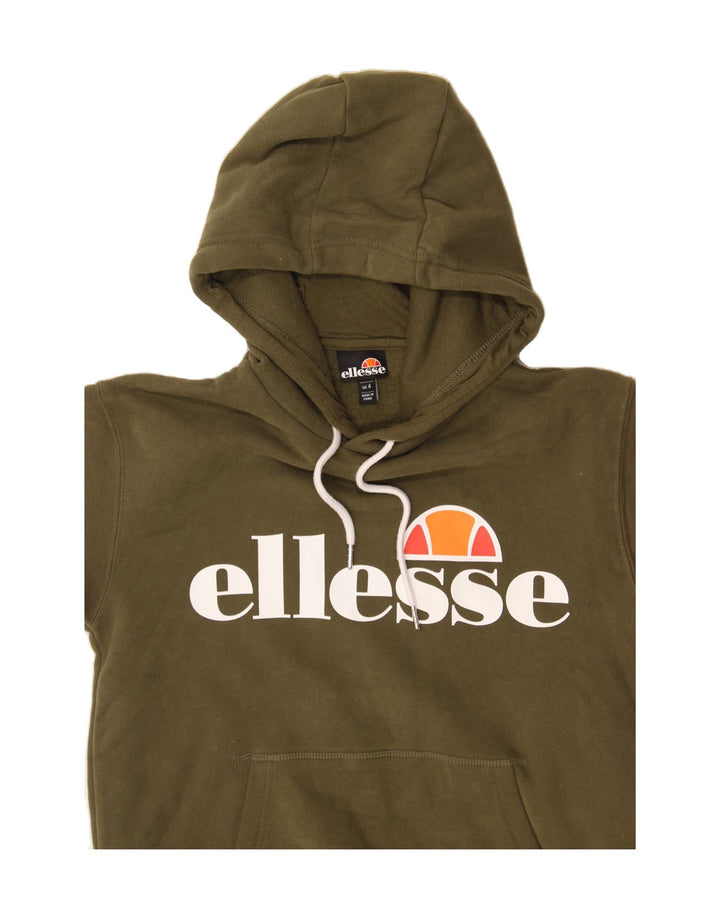 ELLESSE Womens Graphic Hoodie Jumper UK 4 XS Khaki Cotton Vintage Ellesse and Second-Hand Ellesse from Messina Hembry 