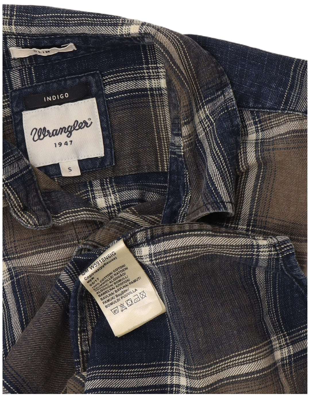 Wrangler Camisa masculina de flanela fina xadrez Indigo pequena xadrez azul marinho