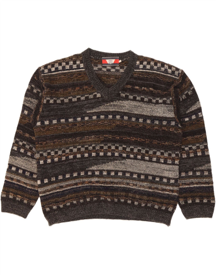Suéter masculino vintage com decote em V grande lã geométrica cinza