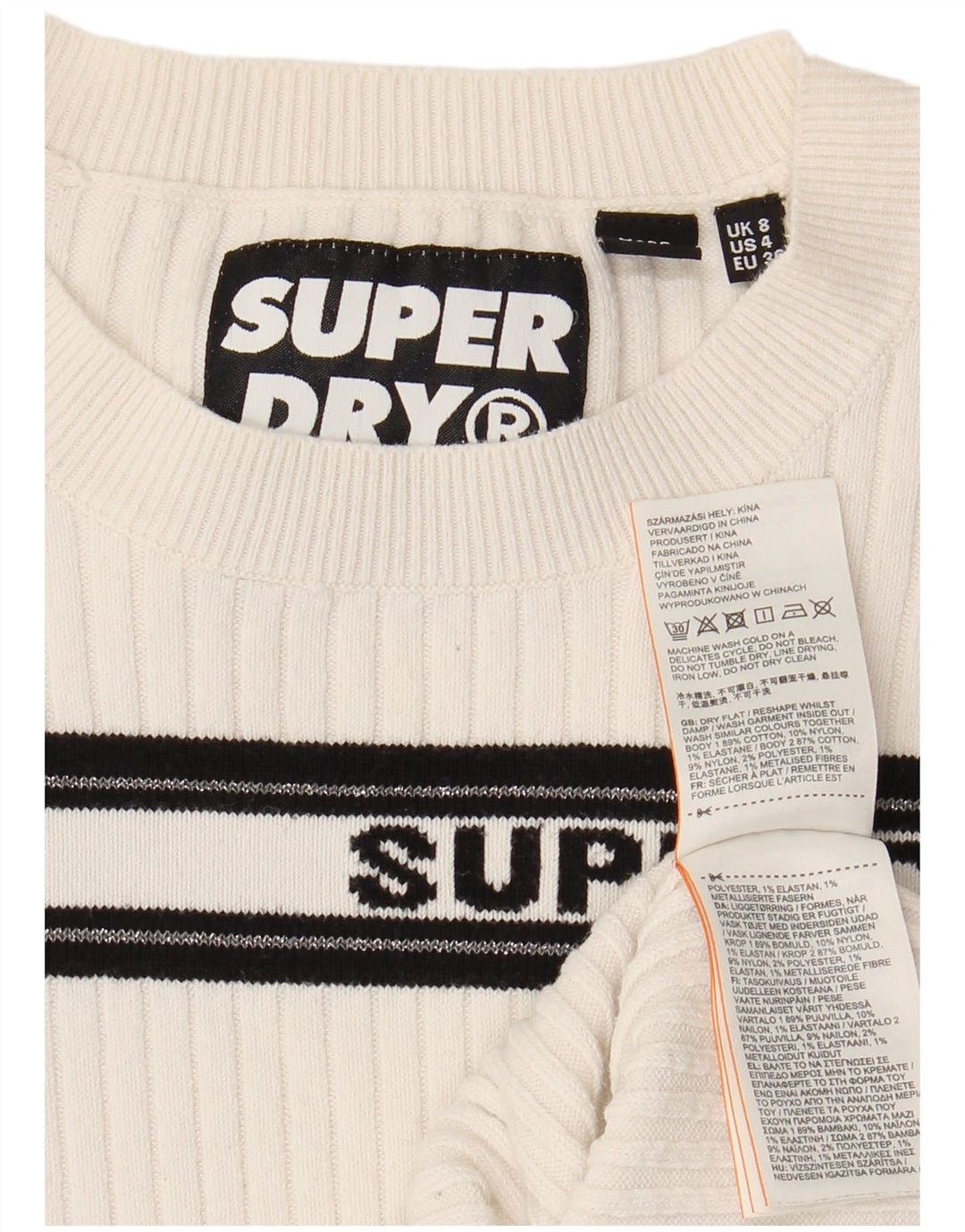 Suéter feminino SUPERDRY com gola redonda e listrado branco pequeno Reino Unido 8
