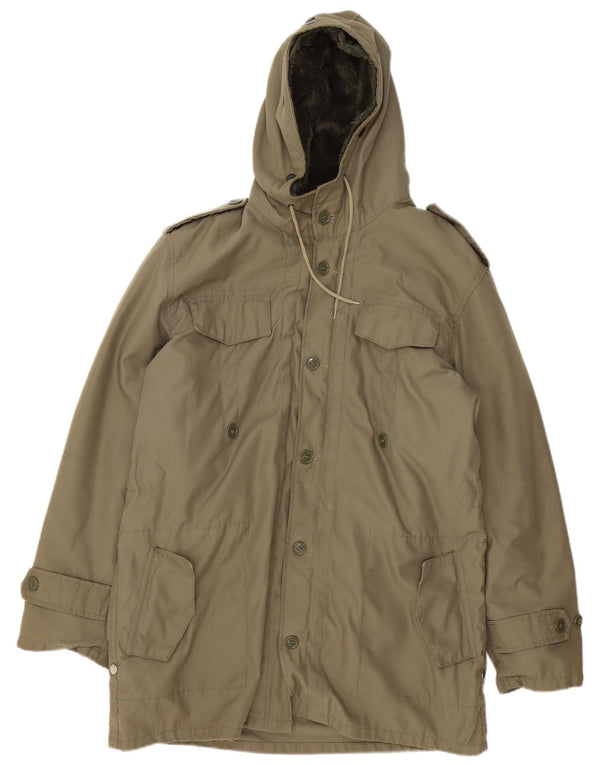 Jaqueta masculina vintage militar com capuz Sherpa Parka Reino Unido 38 cáqui médio