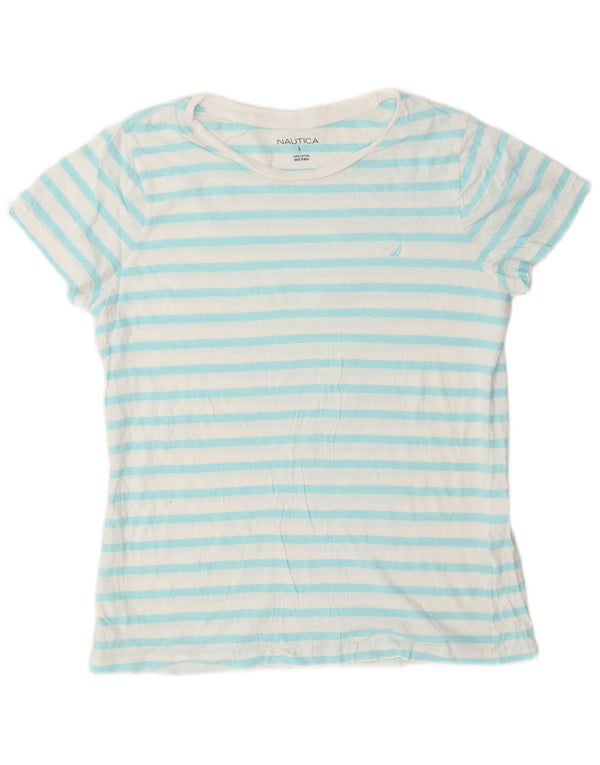 Camiseta feminina Nautica UK 16 grande algodão listrado branco
