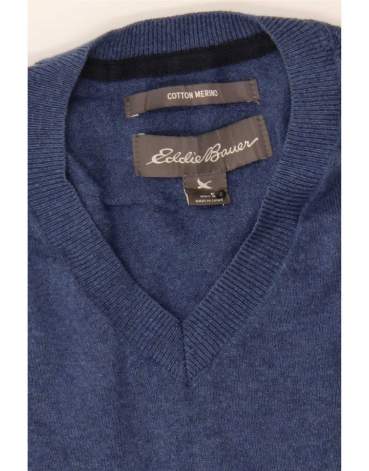 Eddie Bauer Suéter masculino com decote em V pequeno algodão azul
