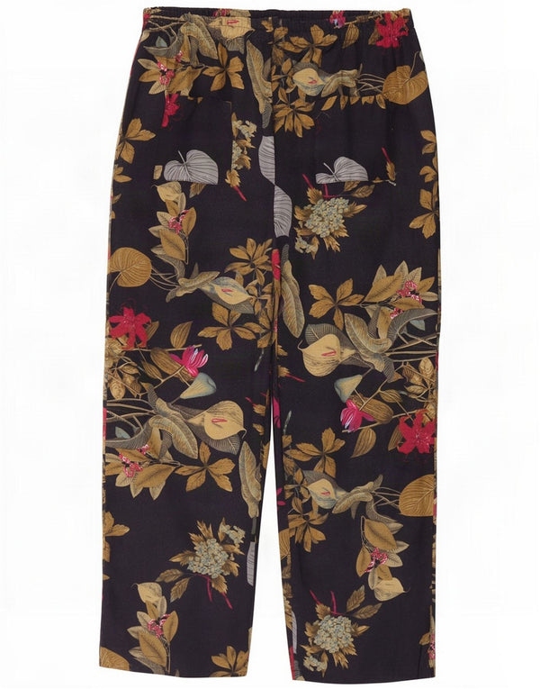 Calças femininas vintage de cintura alta solta W27 L32 azul marinho floral