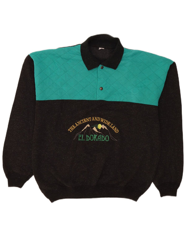 Suéter vintage masculino com gola polo gráfica grande bloco colorido cinza
