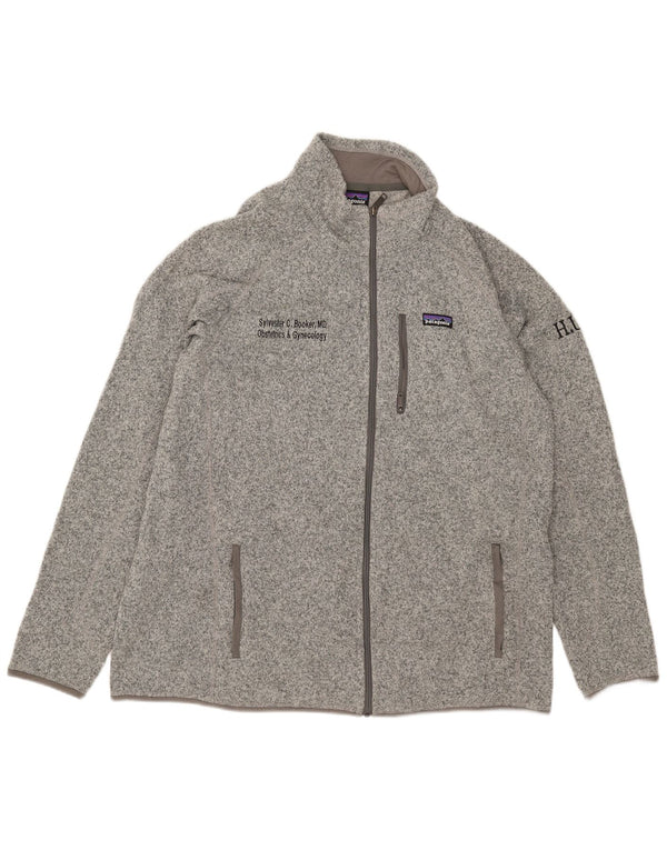Jaqueta masculina de agasalho gráfico Patagonia 2XL poliéster manchado cinza