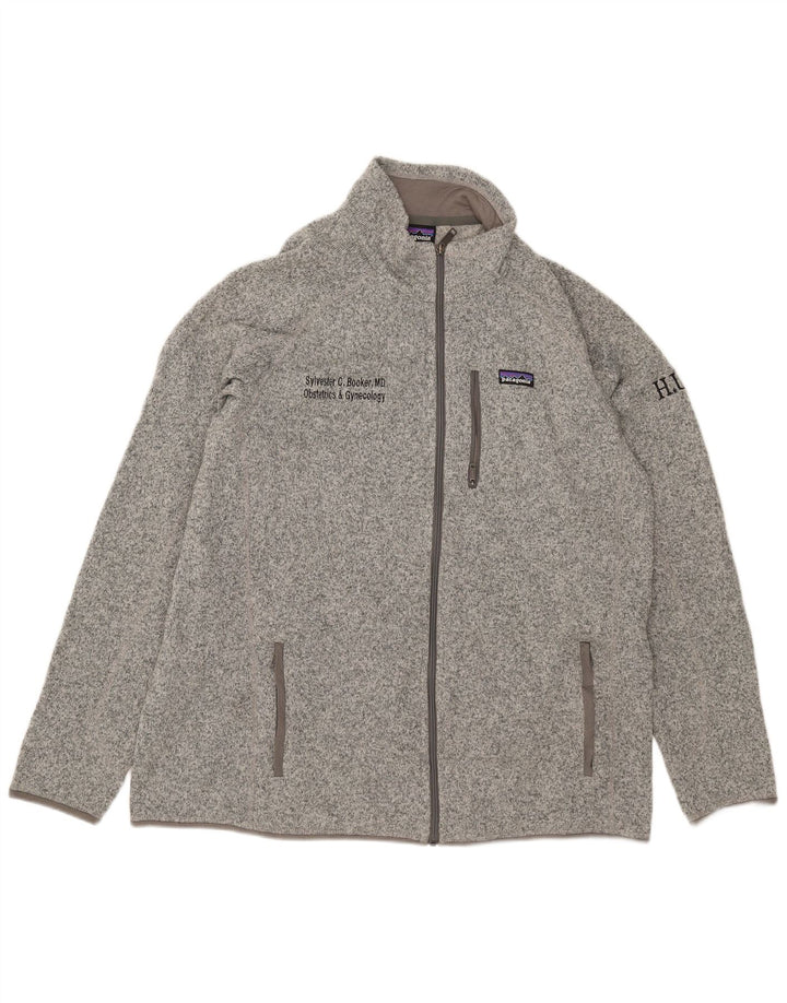 Jaqueta masculina de agasalho gráfico Patagonia 2XL poliéster manchado cinza