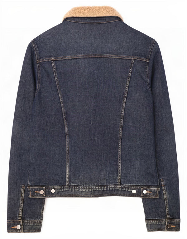 Jaqueta jeans Sherpa feminina Benetton Reino Unido 14 grande bloco colorido azul marinho