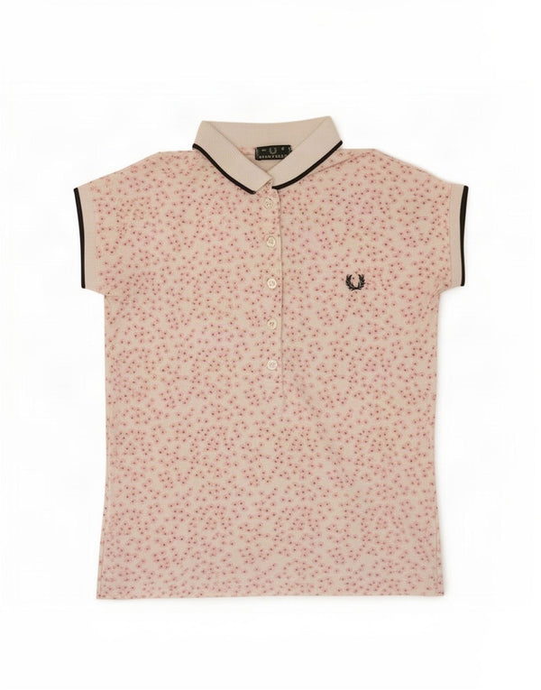 Camisa polo feminina Fred Perry UK 10 algodão floral branco pequeno