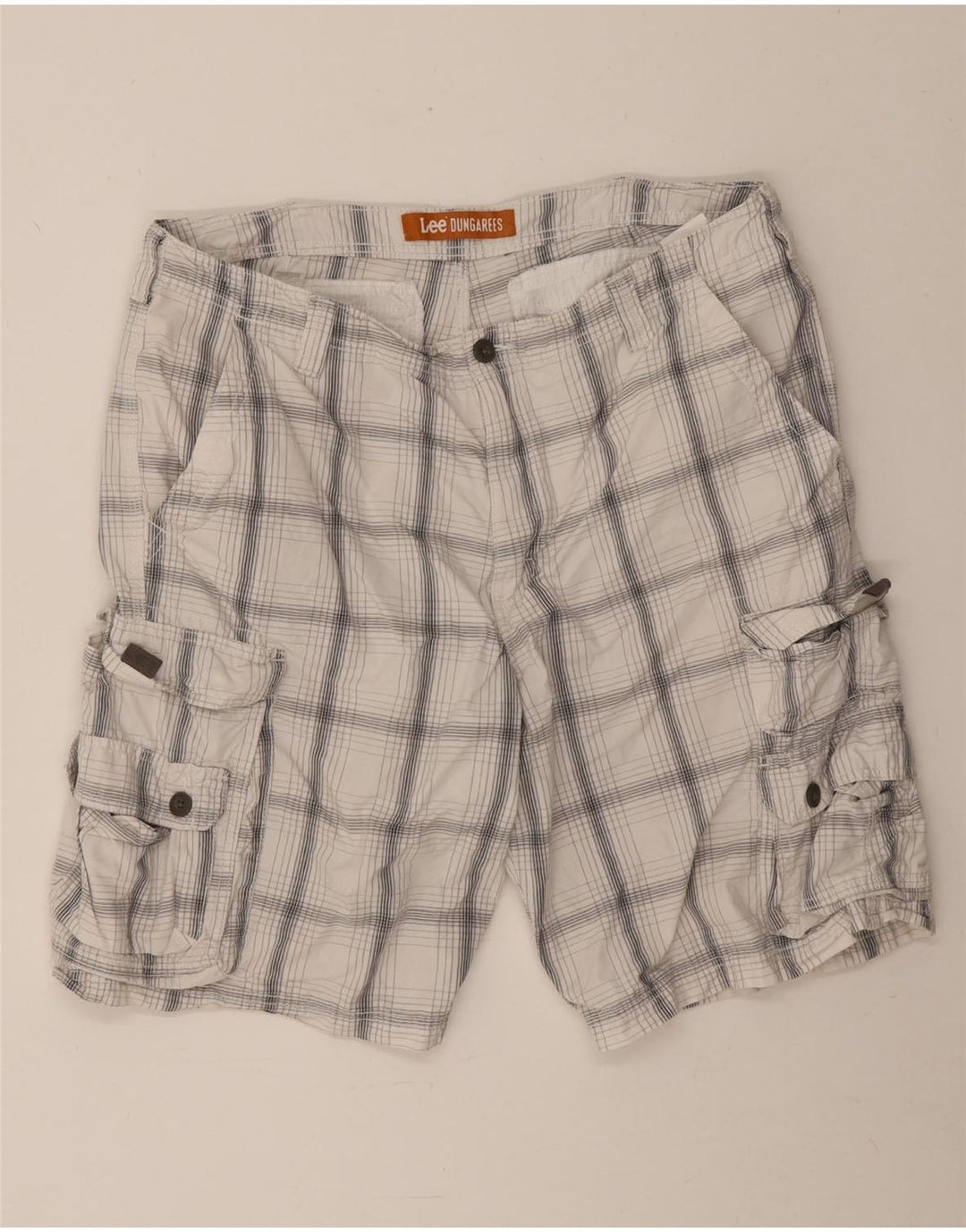 Lee Mens Dungarees Cargo Shorts W38 XL Branco Xadrez Algodão