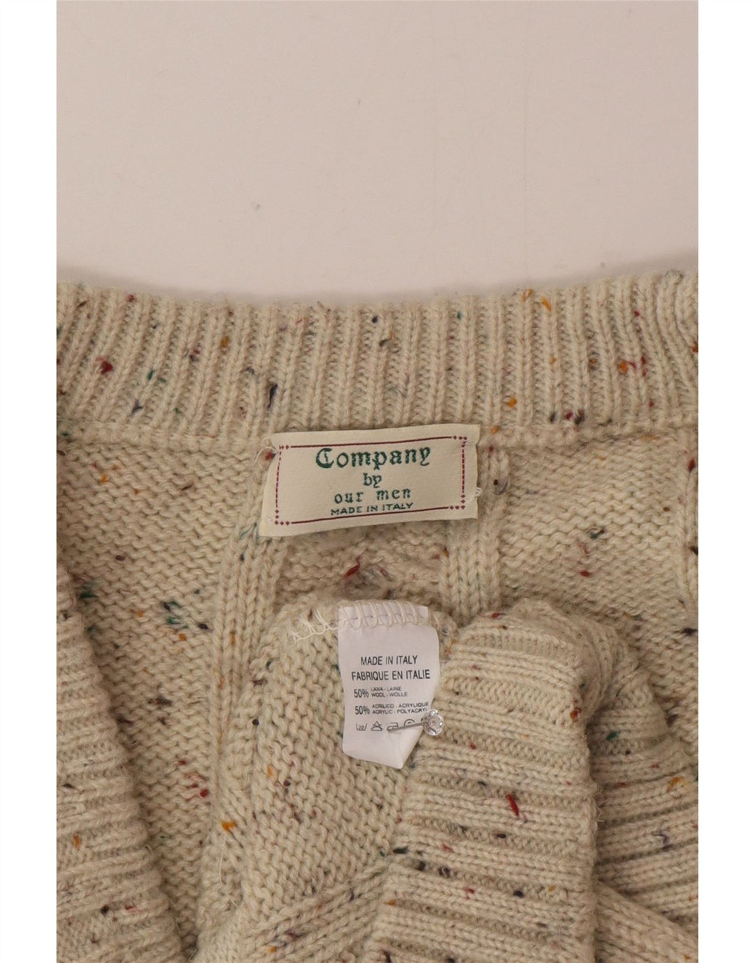 Suéter cardigã masculino vintage grande lã manchada bege