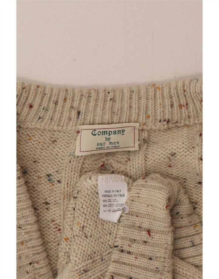 Suéter cardigã masculino vintage grande lã manchada bege