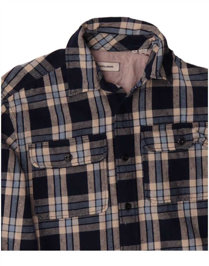 Camisa masculina de flanela JACK & JONES de algodão xadrez azul marinho médio