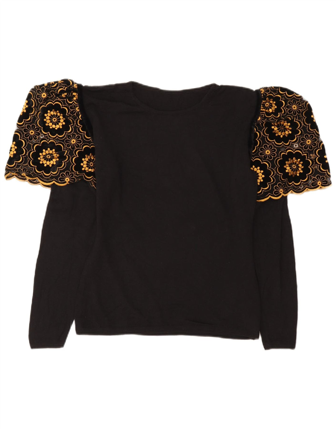 Blusa feminina vintage de manga comprida UK 12 médio preto floral