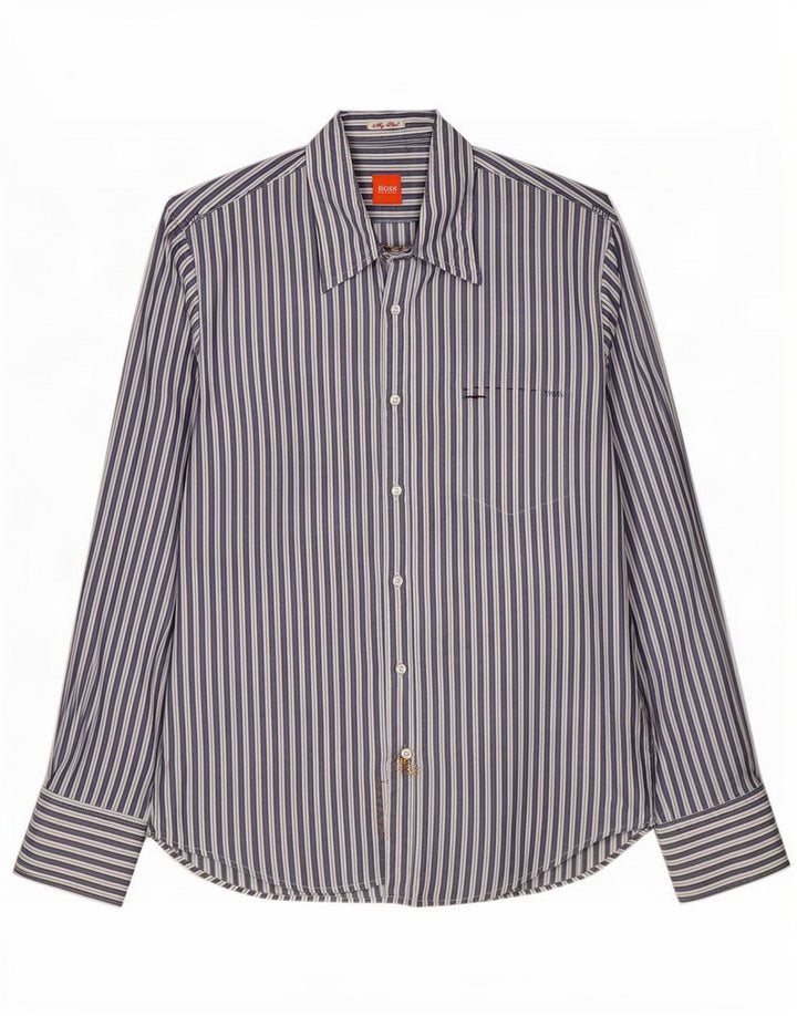 Camisa masculina Hugo Boss de algodão listrado azul médio