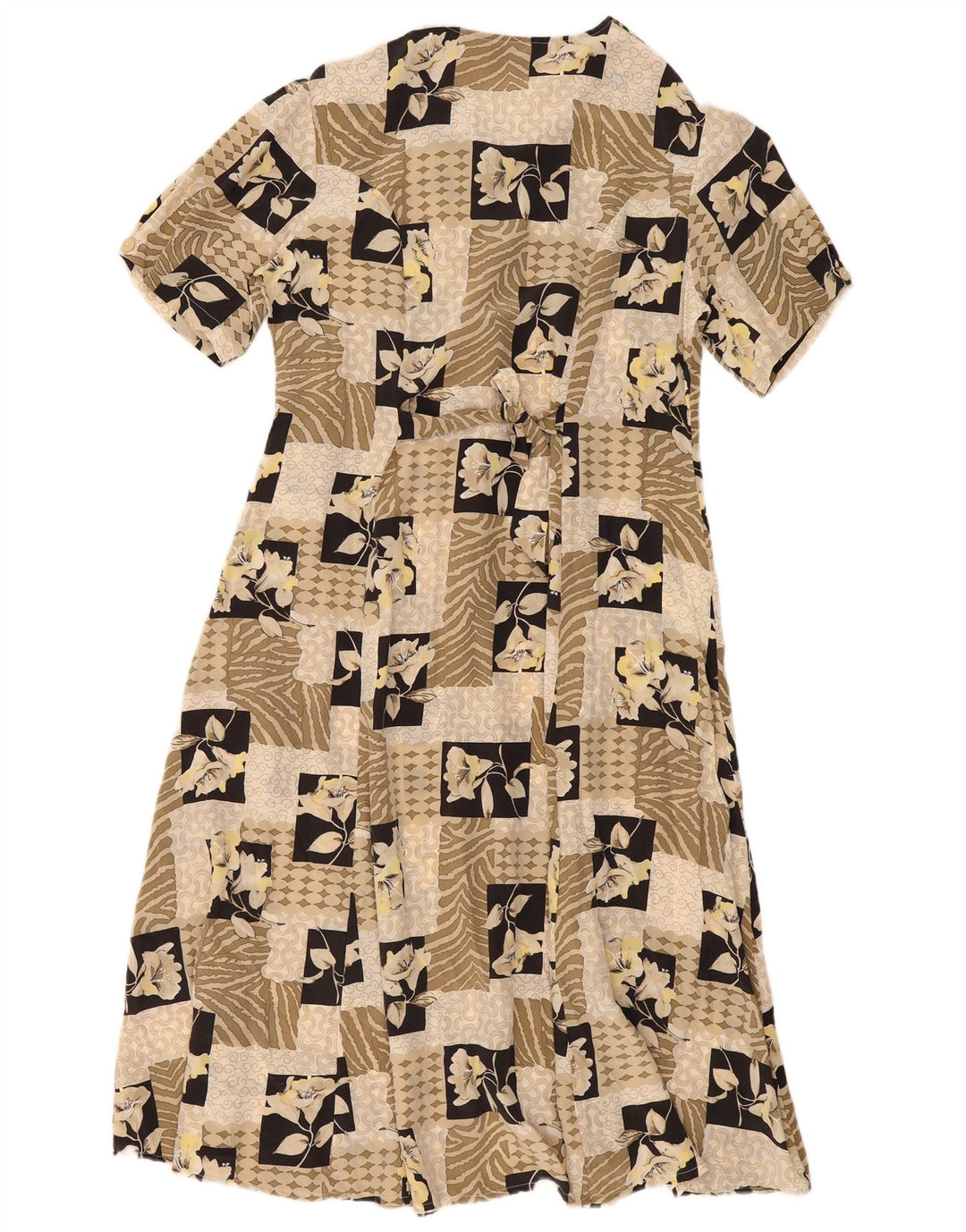 Vestido de chá feminino vintage Reino Unido 14 seda patchwork bege médio