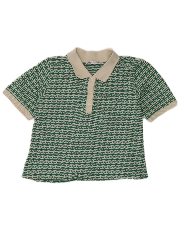 Zara Suéter feminino cropped com gola polo Reino Unido 12 verde médio geométrico