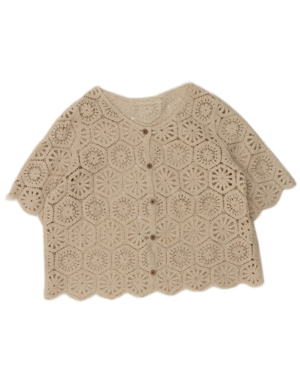Top Cardigan de Crochê Feminino Vintage Reino Unido 14 Bege Médio