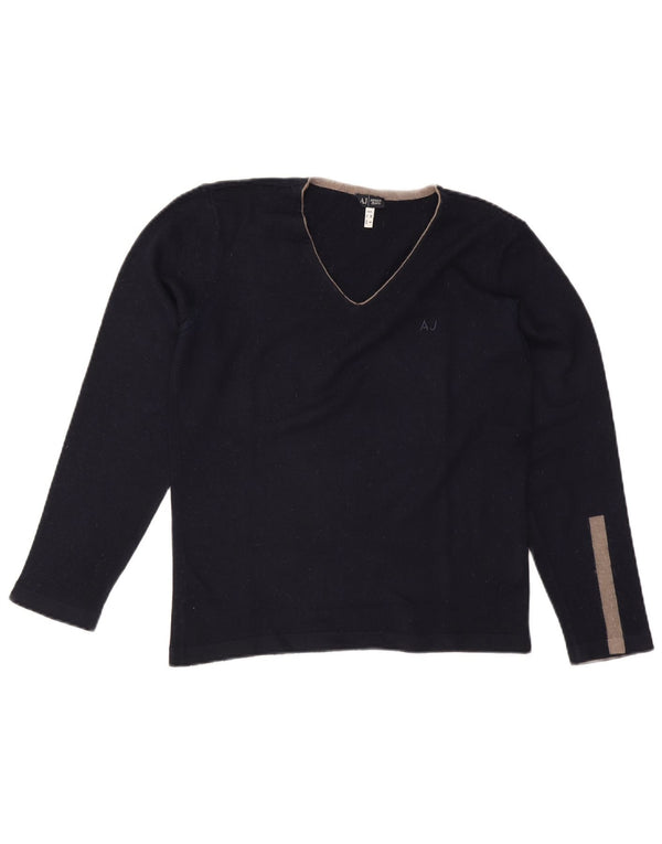 Suéter masculino Armani Jeans com decote em V médio azul marinho lã colorblock