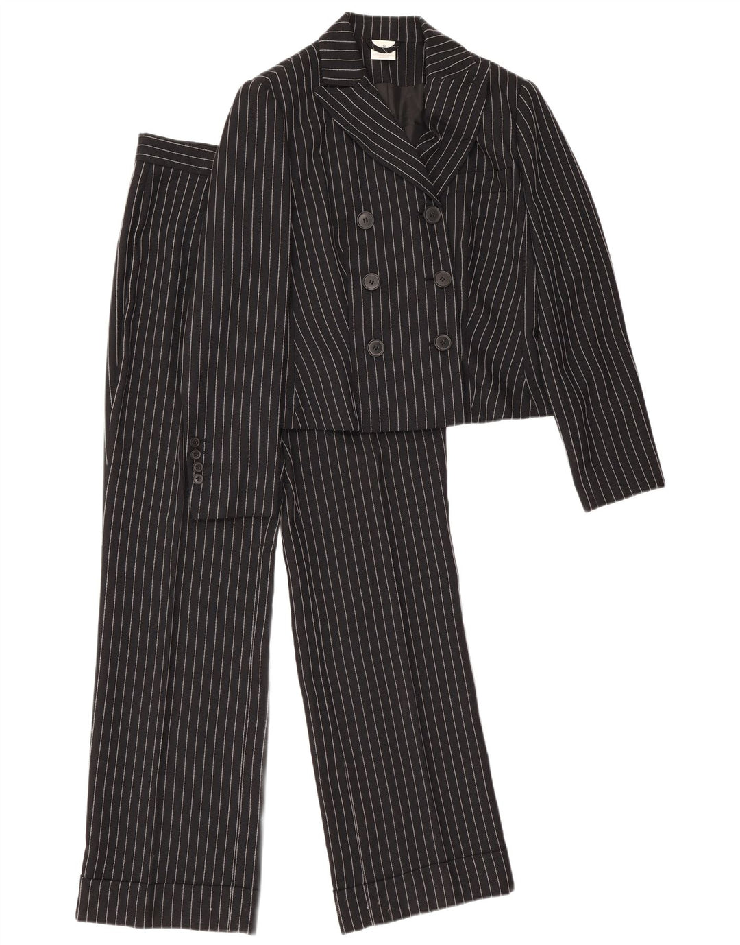 Terno feminino vintage de 2 peças Reino Unido 12 médio W28 L30 listrado preto