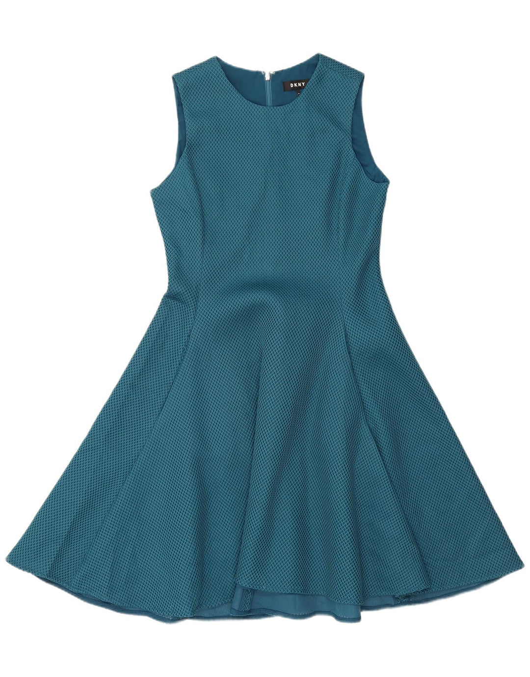 Vestido feminino DKNY sem mangas evasê US 10 grande poliéster geométrico azul