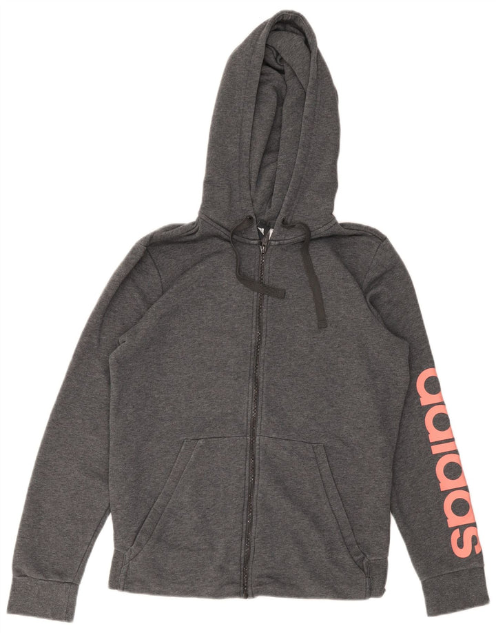 Suéter adidas masculino com capuz e zíper gráfico pequeno cinza