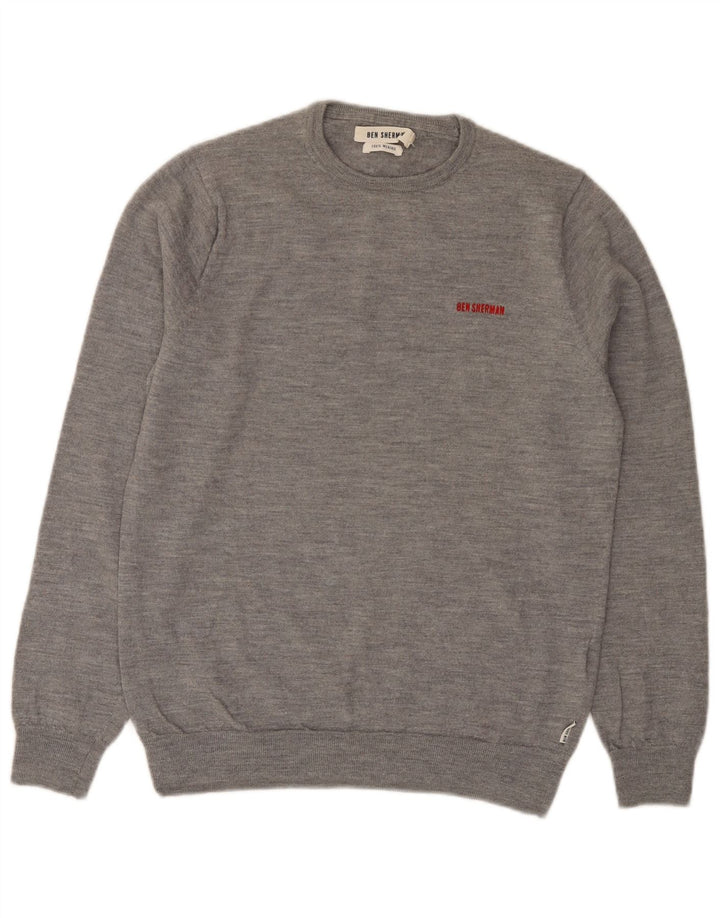 Suéter feminino BEN SHERMAN com gola redonda Reino Unido 14 lã merino cinza médio