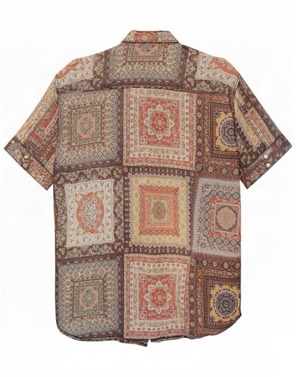 Camisa de manga curta masculina vintage tamanho 42 patchwork multicolorido grande