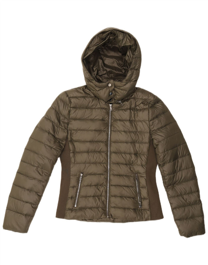 Jaqueta acolchoada com capuz feminino Zara UK 12 Medium Khaki Colourblock