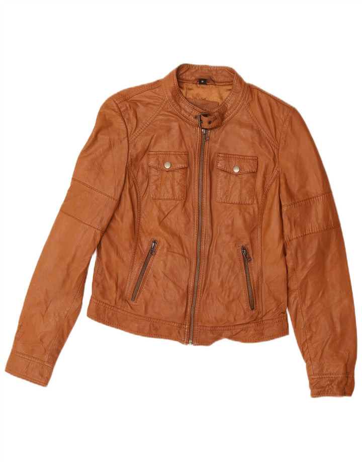 Jaqueta de couro vintage feminina UK 14 marrom médio