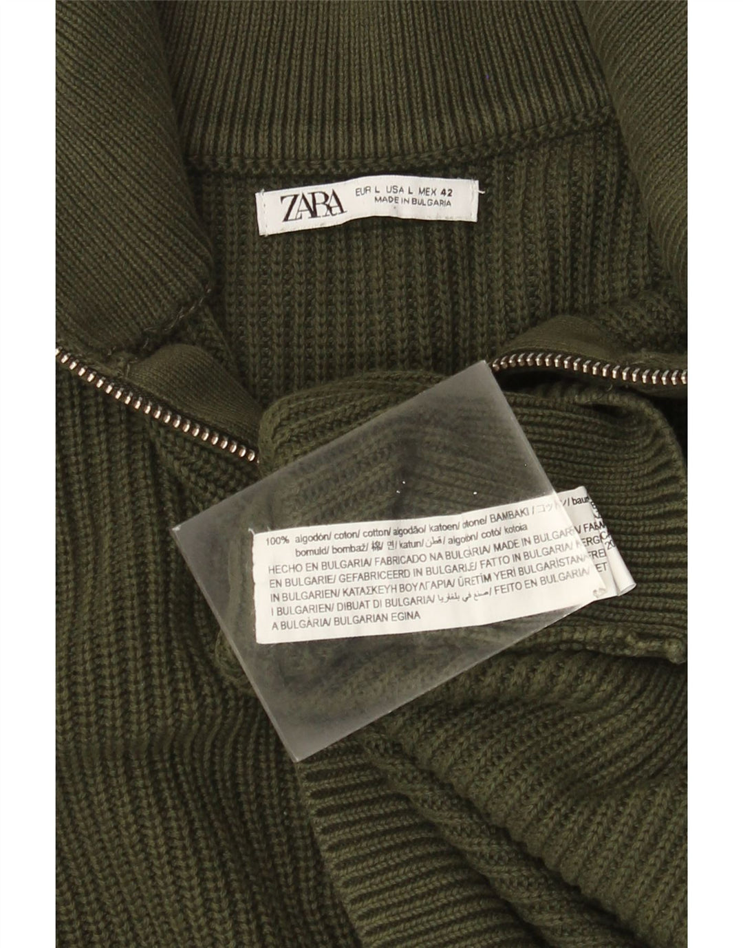 Suéter masculino ZARA com zíper e gola alta de algodão verde grande