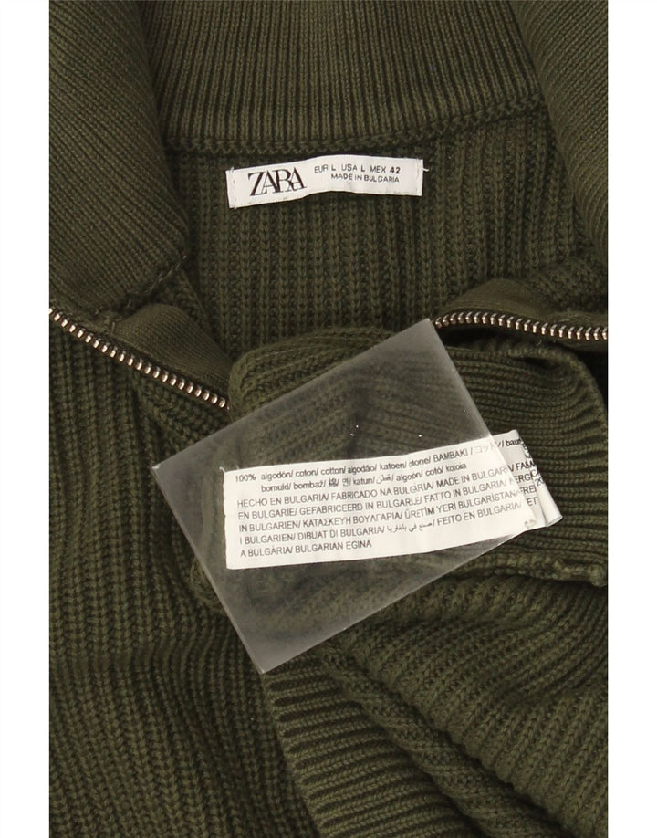 Suéter masculino ZARA com zíper e gola alta de algodão verde grande