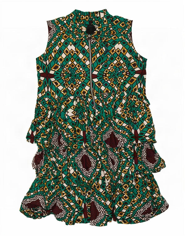 Vestido feminino vintage sem mangas em camadas Reino Unido 14 grande verde geométrico
