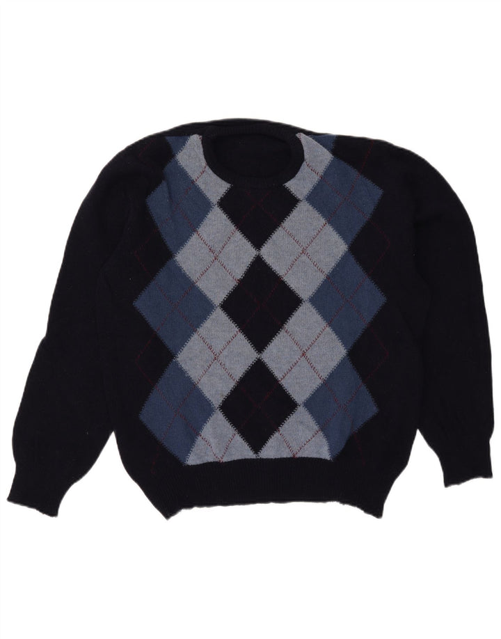 Suéter vintage masculino com gola redonda grande azul marinho Argyle/Diamante
