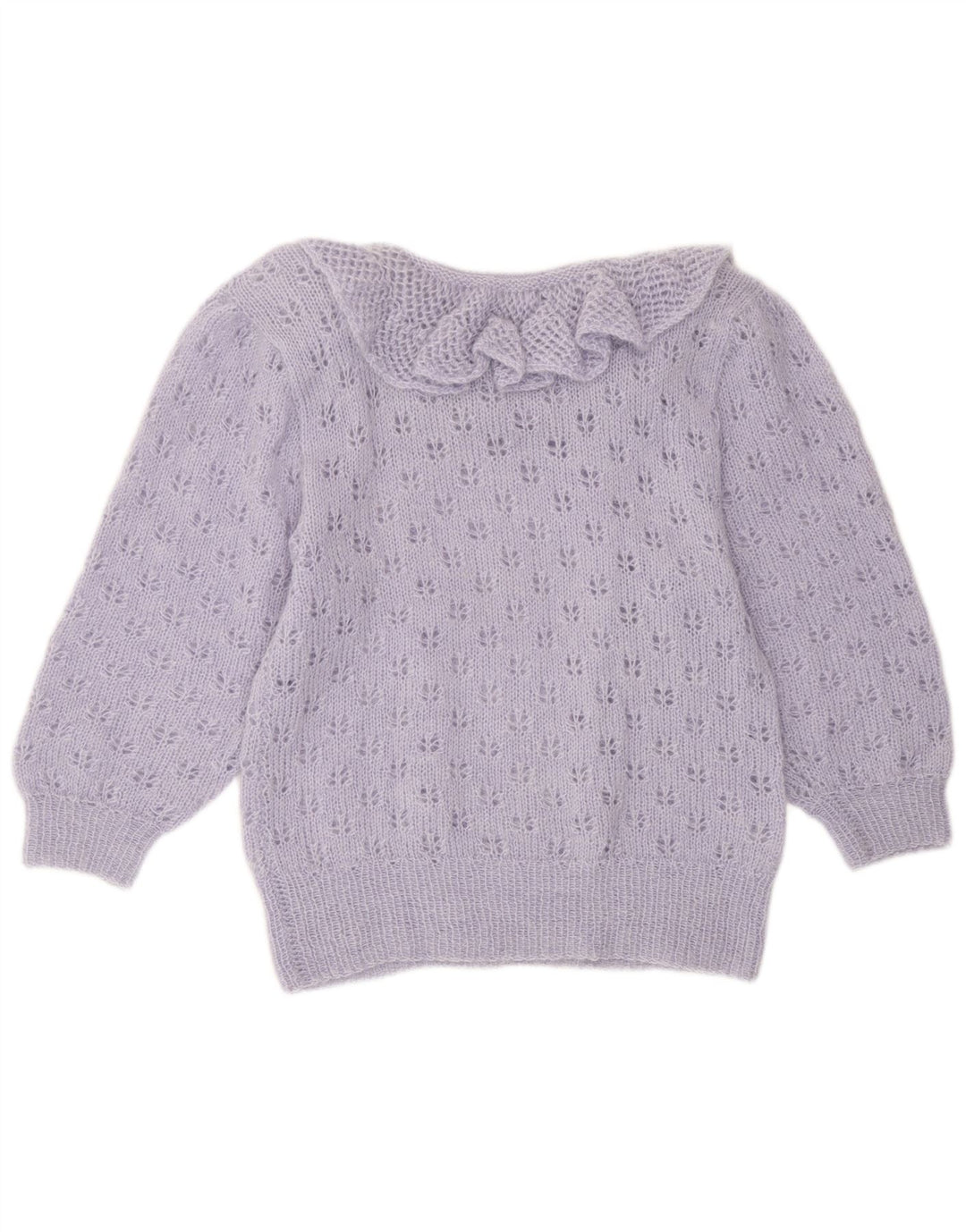 Suéter feminino vintage com babado e gola canoa Reino Unido 12 médio roxo