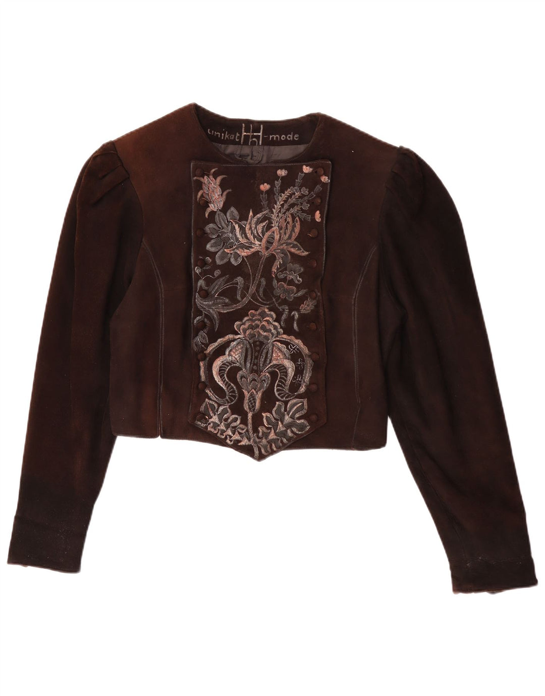 Jaqueta feminina vintage de camurça UK 14 marrom médio floral