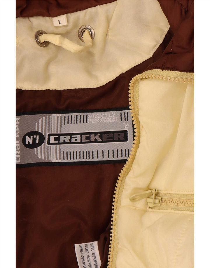 Jaqueta acolchoada masculina vintage UK 40 grande bloco colorido bege nylon