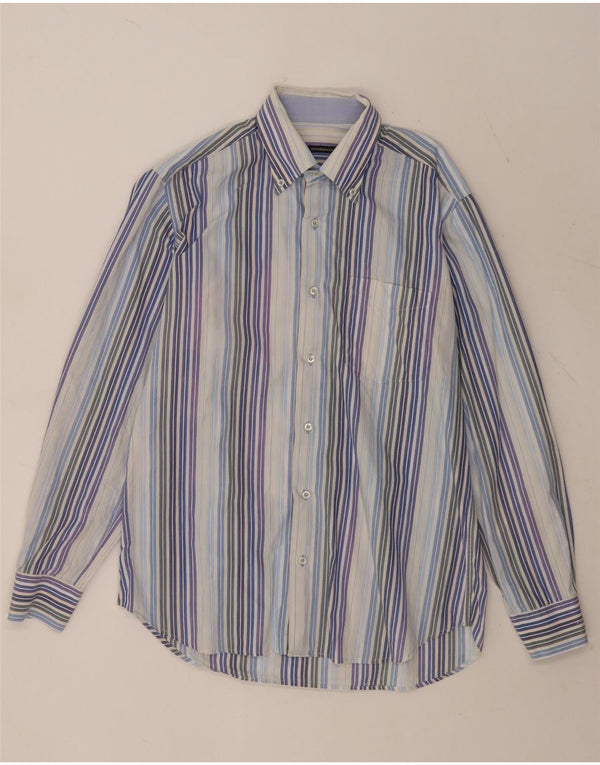 Camisa masculina Roccobarocco tamanho 40 15 3/4 algodão listrado azul médio