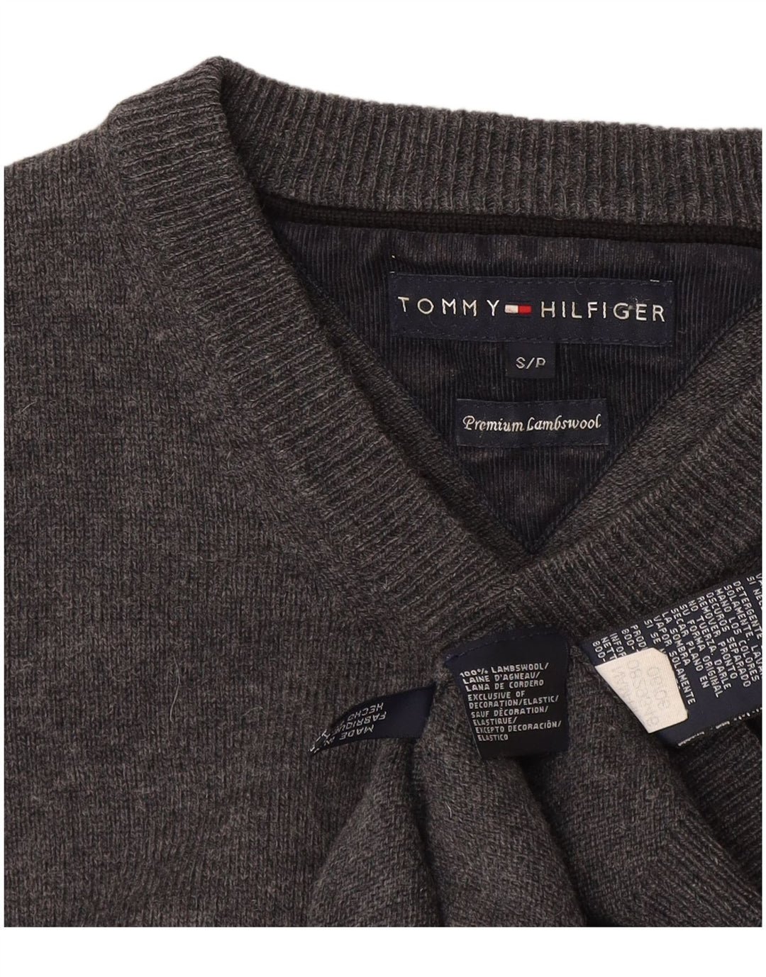 Suéter masculino Tommy Hilfiger com decote em V, lã de cordeiro cinza pequena