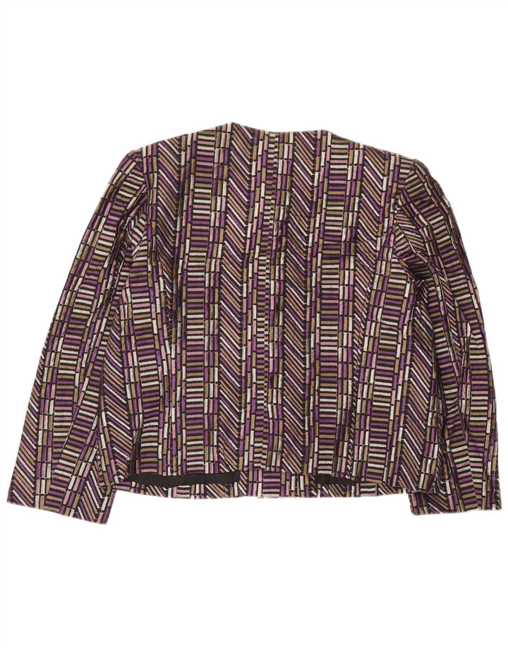 Jaqueta blazer feminina vintage com 4 botões Reino Unido 14 seda geométrica roxa média