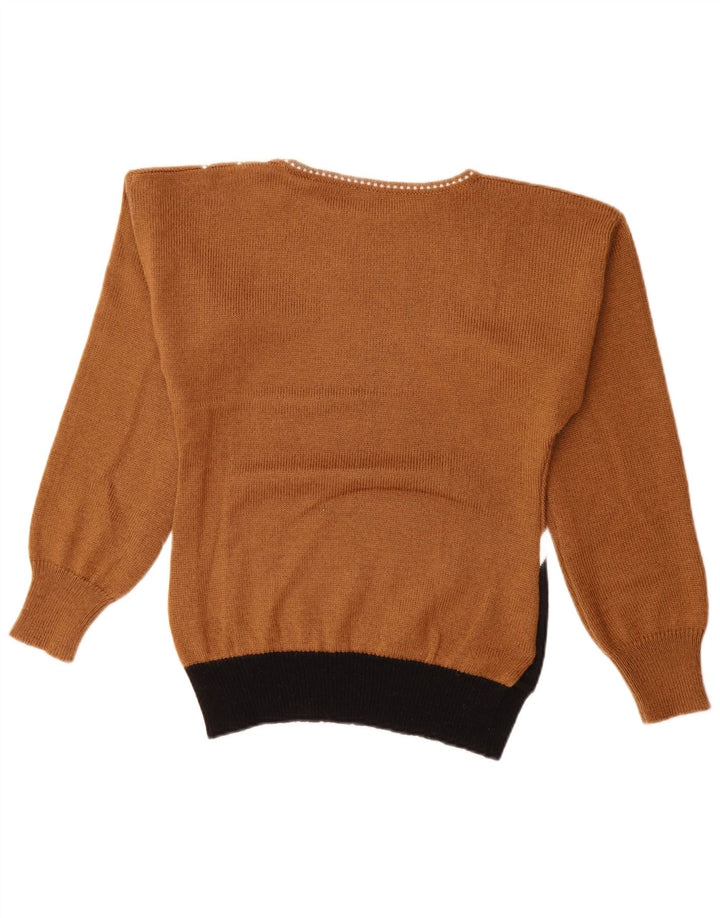 Suéter feminino vintage com gola canoa EU 40 bloco colorido marrom médio