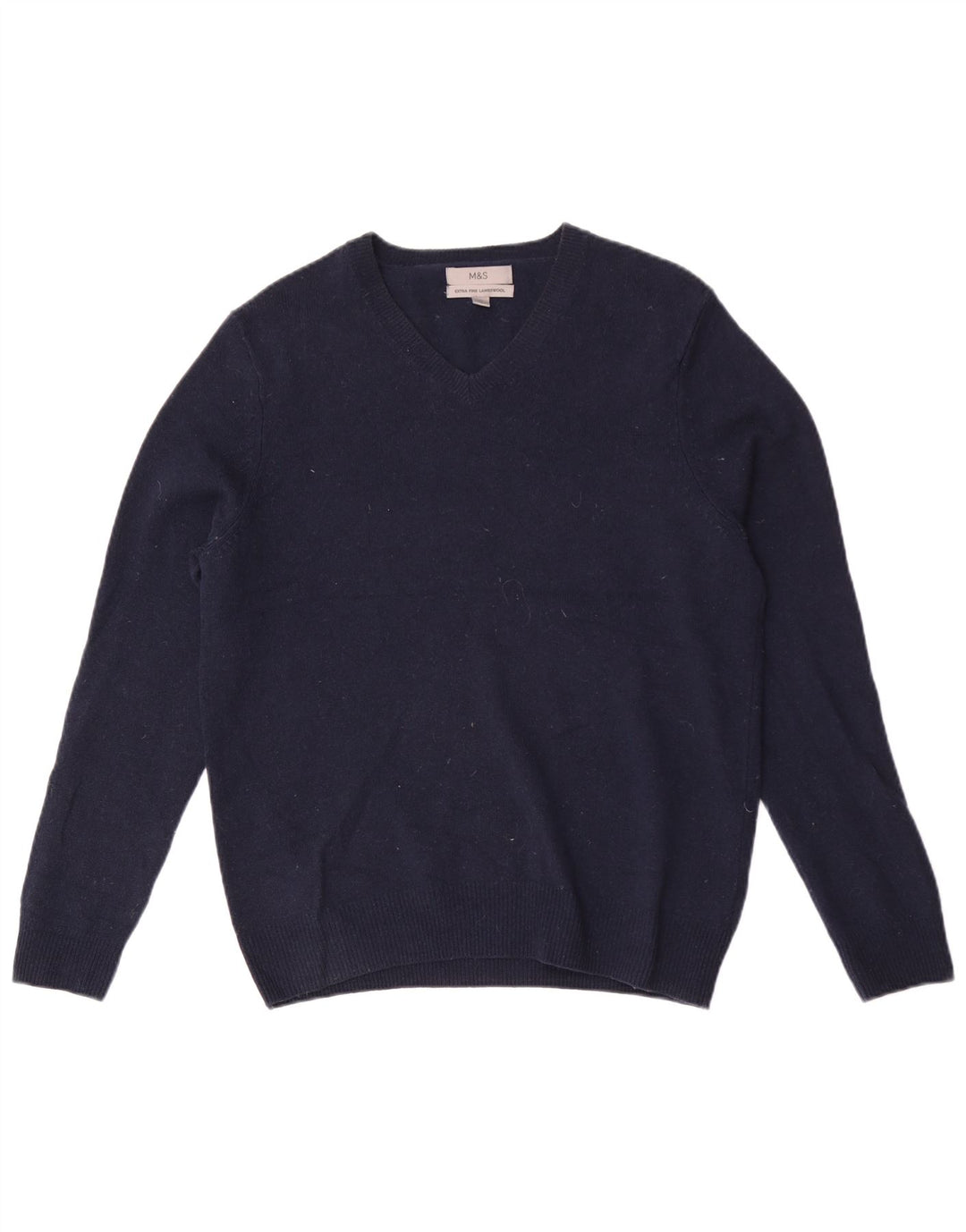 Suéter masculino Marks & Spencer com decote em V, lã de carneiro azul marinho médio